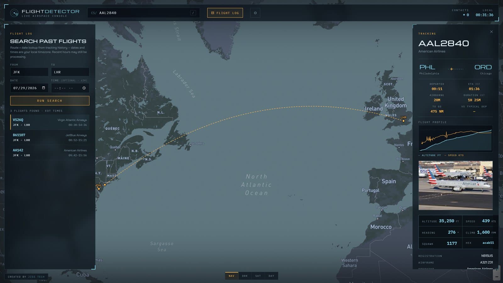FlightDetector historical search showing a New York to London route across the Atlantic
