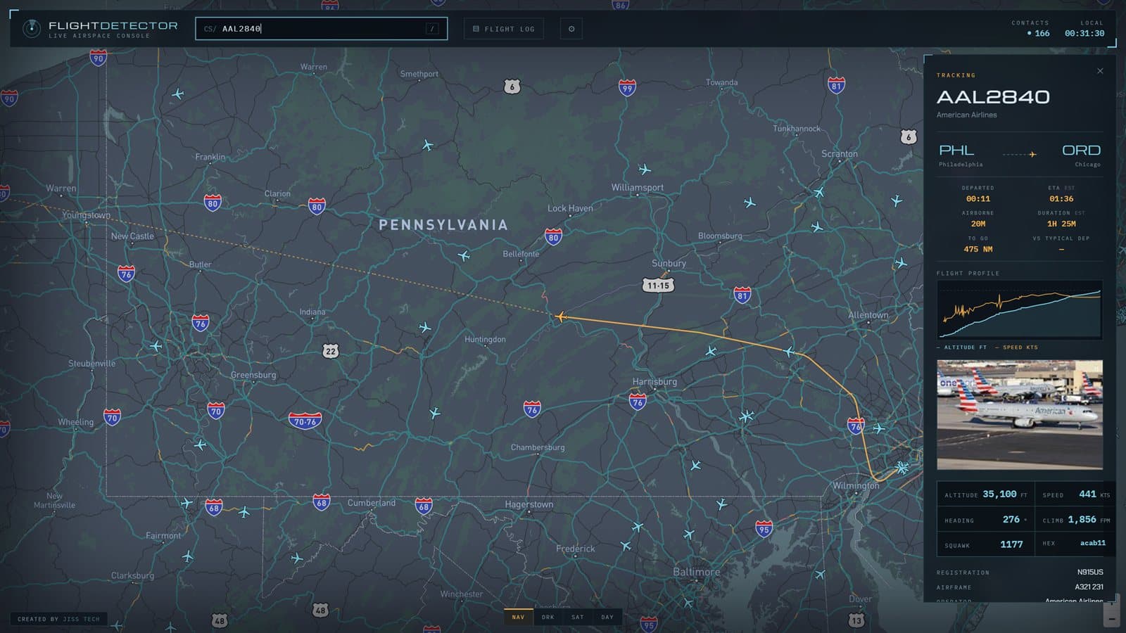 FlightDetector tracking a single flight with verified route, ETA, and altitude profile