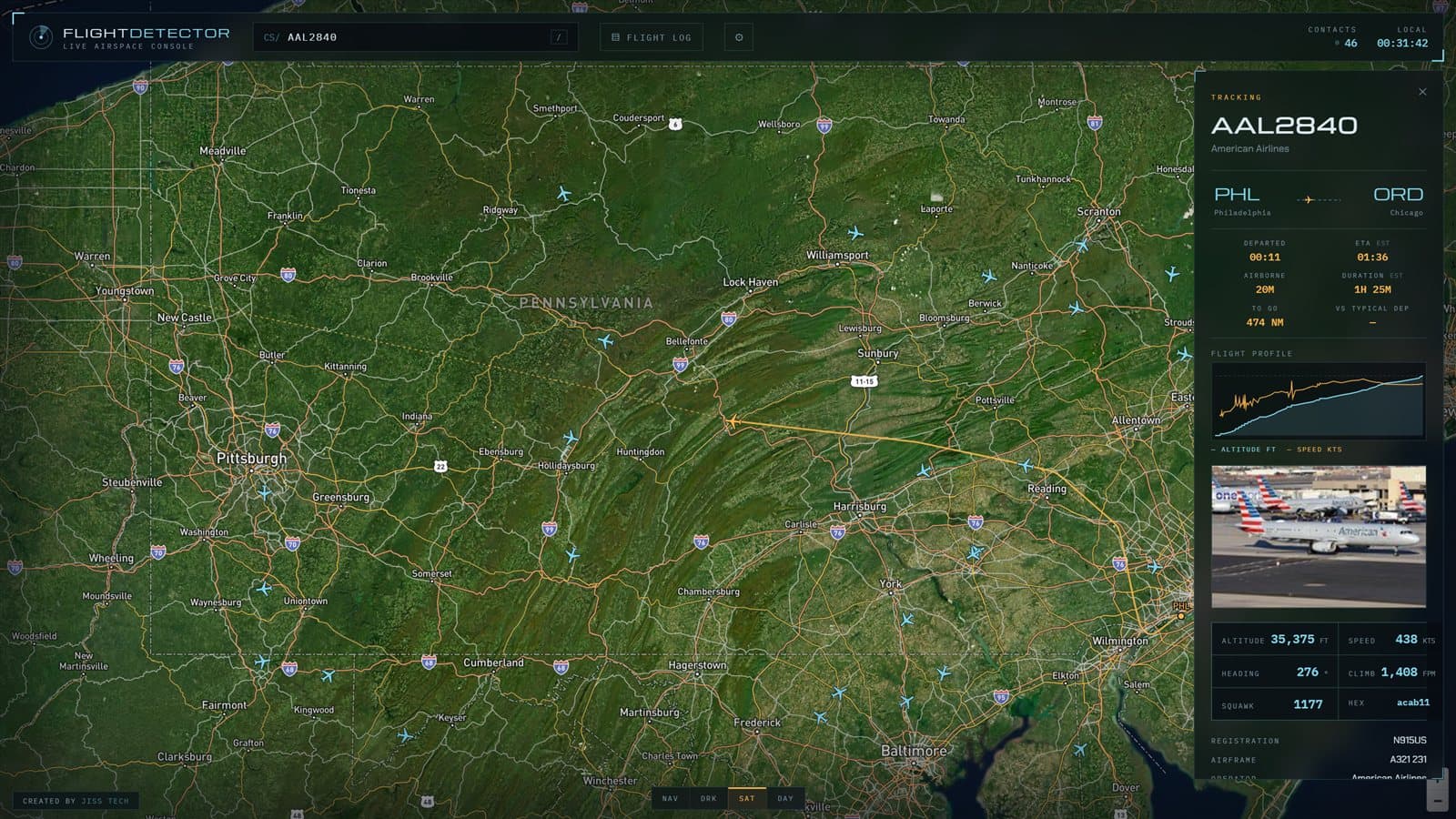 FlightDetector satellite base map with a tracked flight and its flown path