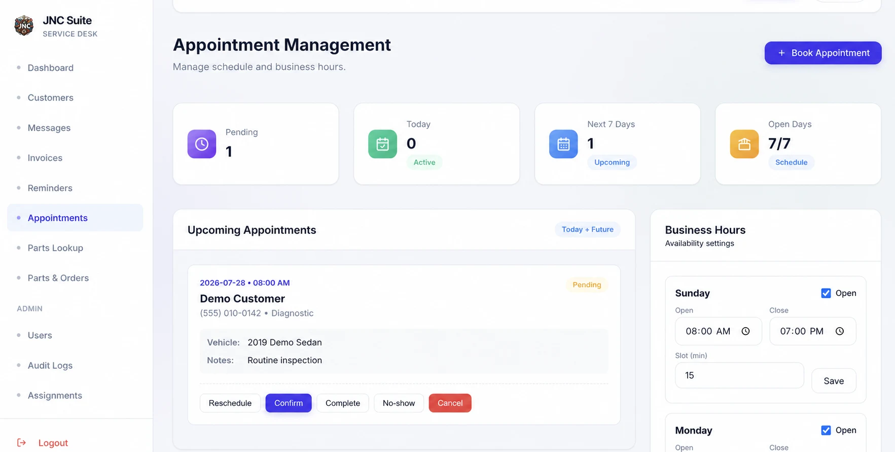 Privacy-safe JNC Suite appointment management screen