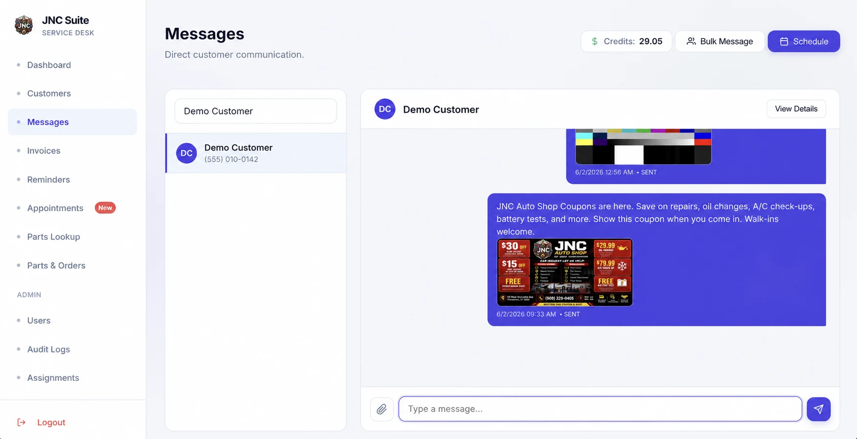 Privacy-safe JNC Suite customer messaging workspace