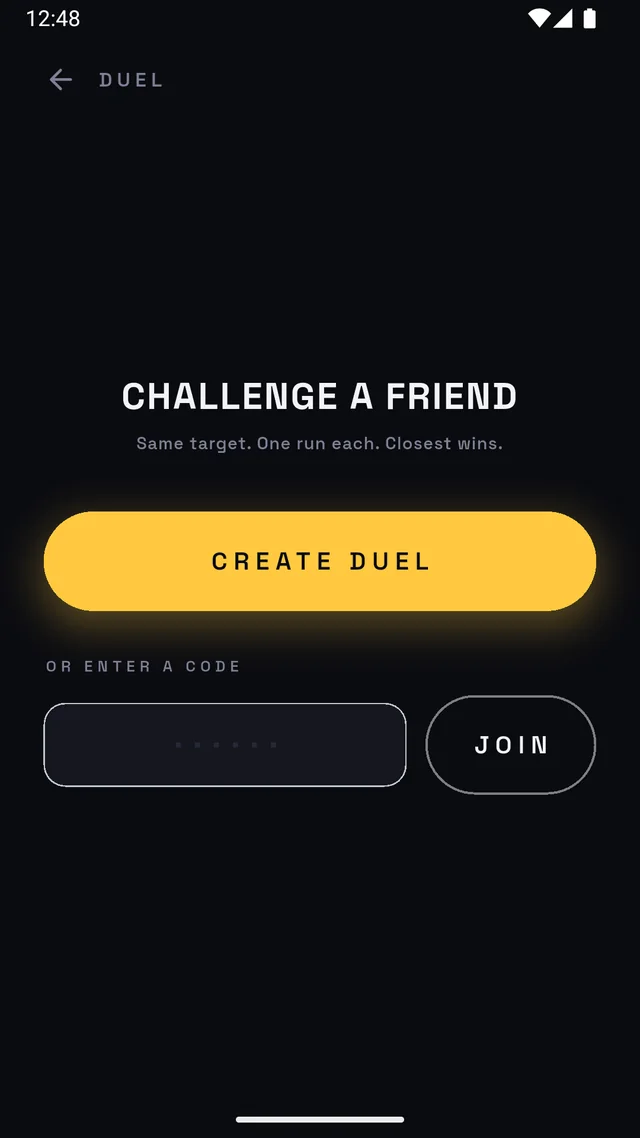 TimeStop duel screen for challenging a friend with a shared code