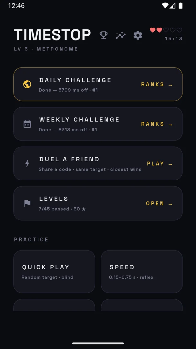TimeStop home screen with challenges and duels