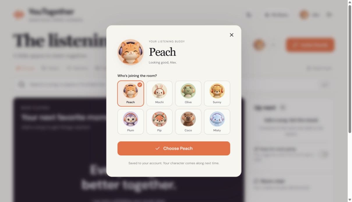 واجهة اختيار شخصيات YouTogether: بيتش، وموتشي، وأوليف، وساني، وبلوم، وبيب، وكوكو، وميستي