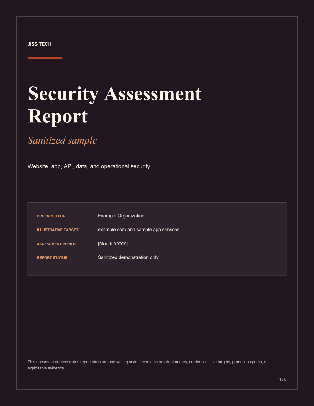 Cover of the sanitized Jiss Tech security assessment report sample