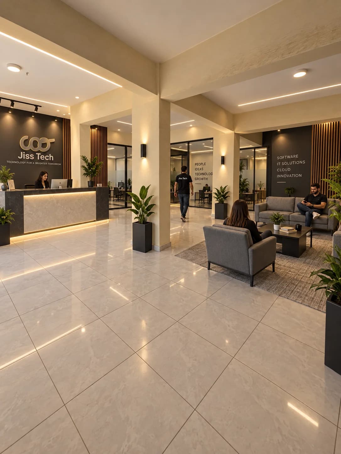 Reception desk and seating inside the Jiss Tech Egypt office