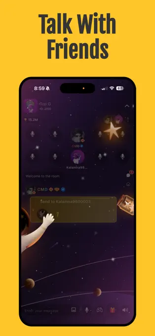 Kalamna app promotion showing a live group voice room